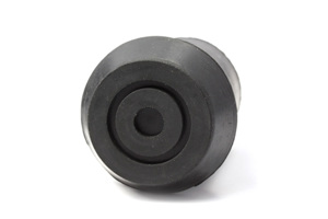 Side view showing the underside of a black rubber injection moulded foot with a flanged base used for walking sticks.